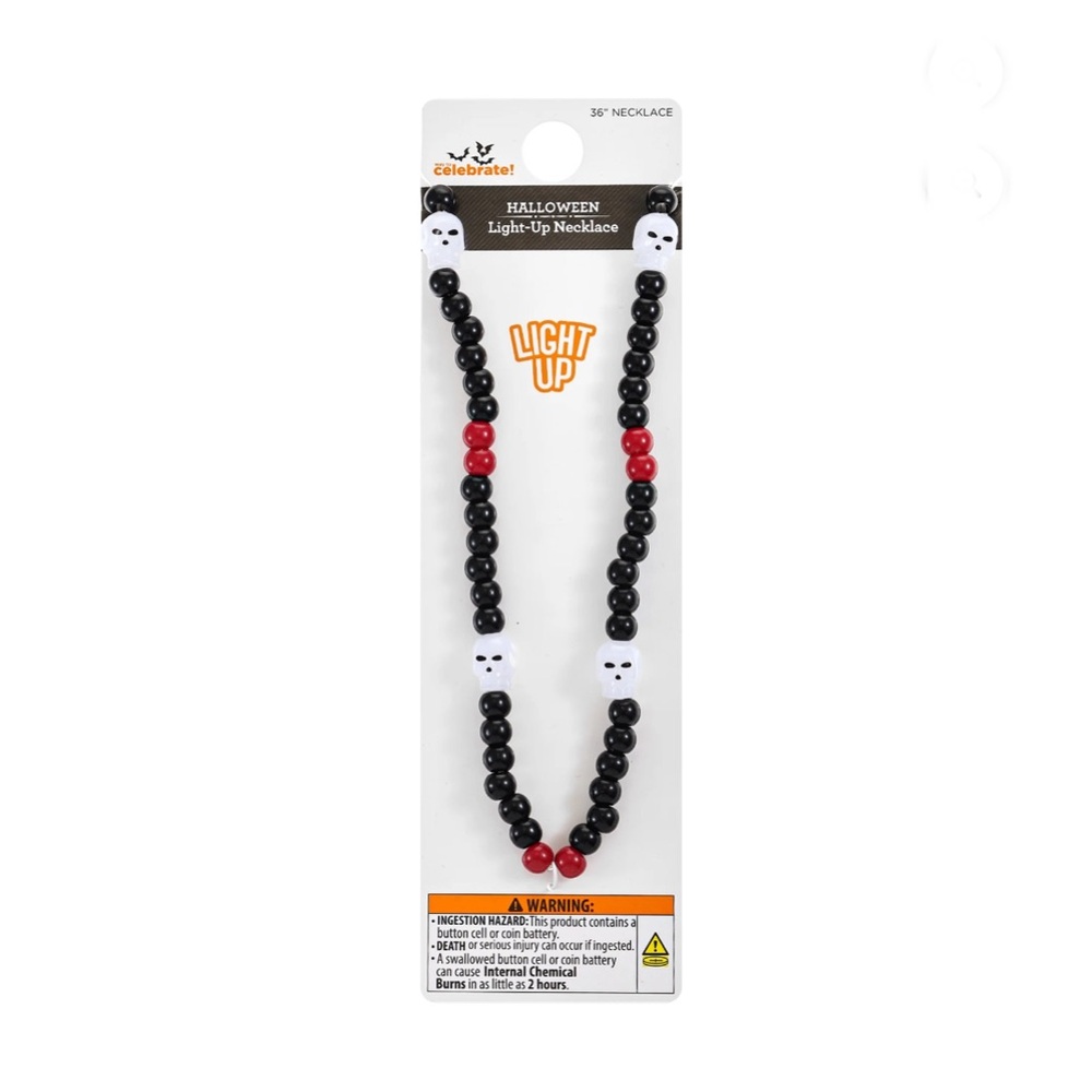 Way to Celebrate Halloween Black Beaded Necklace with Light-up Skulls, 1 Piece